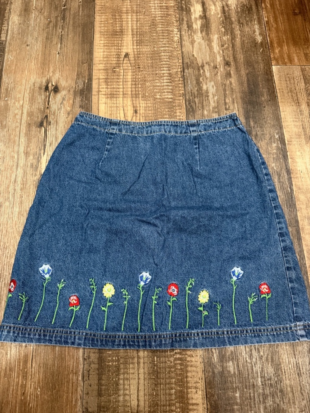 Route 66 Blue Denim Mini Skirt with Floral Embroidery